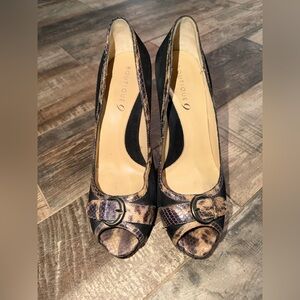 Boutique 9 Black Suede Peep Toe Heels Snakeskin